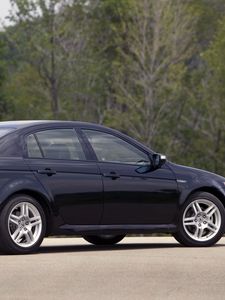 Превью обои acura, tl, 2007, черный, вид сбоку, стиль, авто, акура, природа, деревья, асфальт