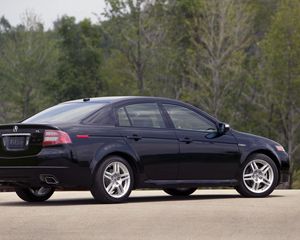 Превью обои acura, tl, 2007, черный, вид сбоку, стиль, авто, акура, природа, деревья, асфальт