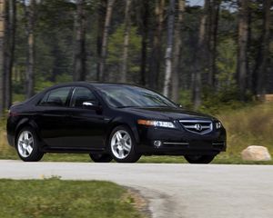 Превью обои acura, tl, 2007, черный, вид сбоку, стиль, авто, акура, природа, лес, трава, асфальт