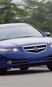 Превью обои acura, tl, 2007, синий, вид спереди, стиль, акура, авто, скорость, деревья, трава, асфальт