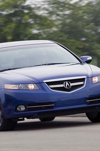 Превью обои acura, tl, 2007, синий, вид спереди, стиль, акура, авто, скорость, деревья, трава, асфальт