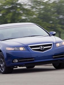 Превью обои acura, tl, 2007, синий, вид спереди, стиль, акура, авто, скорость, деревья, трава, асфальт