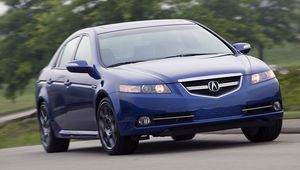 Превью обои acura, tl, 2007, синий, вид спереди, стиль, акура, авто, скорость, деревья, трава, асфальт