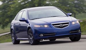 Превью обои acura, tl, 2007, синий, вид спереди, стиль, акура, авто, скорость, деревья, трава, асфальт