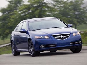 Превью обои acura, tl, 2007, синий, вид спереди, стиль, акура, авто, скорость, деревья, трава, асфальт