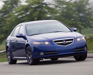 Превью обои acura, tl, 2007, синий, вид спереди, стиль, акура, авто, скорость, деревья, трава, асфальт