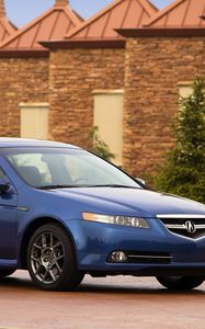 Превью обои acura, tl, 2007, синий, вид сбоку, стиль, авто, акура, здание, кустарники