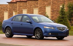 Превью обои acura, tl, 2007, синий, вид сбоку, стиль, авто, акура, здание, кустарники