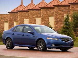 Превью обои acura, tl, 2007, синий, вид сбоку, стиль, авто, акура, здание, кустарники