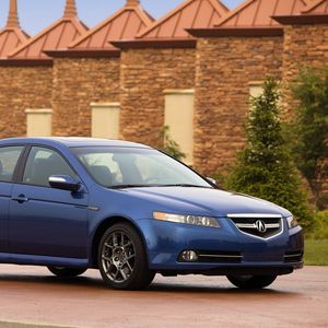 Превью обои acura, tl, 2007, синий, вид сбоку, стиль, авто, акура, здание, кустарники