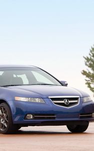 Превью обои acura, tl, 2007, синий, вид сбоку, стиль, авто, акура, небо, природа, трава, дерево