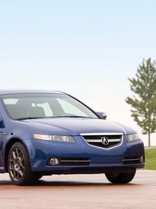 Превью обои acura, tl, 2007, синий, вид сбоку, стиль, авто, акура, небо, природа, трава, дерево