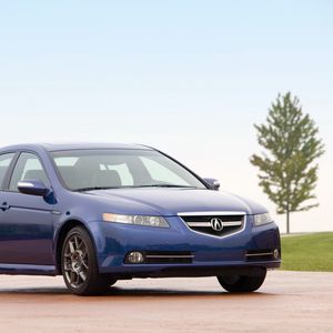 Превью обои acura, tl, 2007, синий, вид сбоку, стиль, авто, акура, небо, природа, трава, дерево