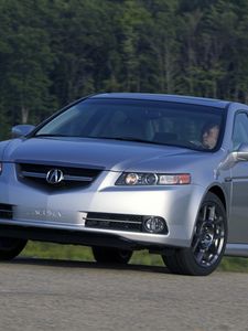 Превью обои acura, tl, 2007, серебряный металлик, вид спереди, стиль, авто, акура, деревья, асфальт