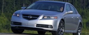 Превью обои acura, tl, 2007, серебряный металлик, вид спереди, стиль, авто, акура, деревья, асфальт