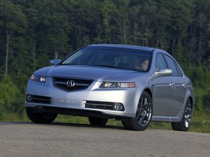 Превью обои acura, tl, 2007, серебряный металлик, вид спереди, стиль, авто, акура, деревья, асфальт