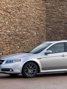 Превью обои acura, tl, 2007, серебряный металлик, вид сбоку, стиль, авто, акура, здание, асфальт