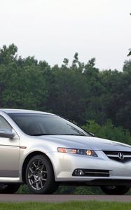 Превью обои acura, tl, 2007, белый металлик, вид сбоку, стиль, авто, акура, природа, деревья, трава