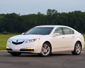 Превью обои acura, tl, 2008, белый, вид сбоку, стиль, авто, акура, природа, деревья, трава