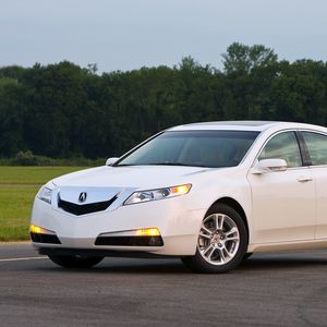 Превью обои acura, tl, 2008, белый, вид сбоку, стиль, авто, акура, природа, деревья, трава