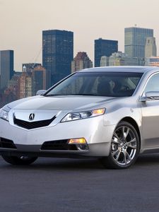 Превью обои acura, tl, 2008, серебряный металлик, вид спереди, стиль, авто, акура, город, вода