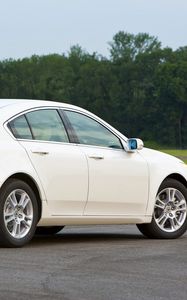 Превью обои acura, tl, 2008, белый, вид сбоку, стиль, авто, акура, деревья, трава