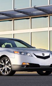 Превью обои acura, tl, 2008, серебряный металлик, вид сбоку, стиль, авто, акура, здание