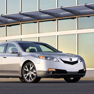 Превью обои acura, tl, 2008, серебряный металлик, вид сбоку, стиль, авто, акура, здание