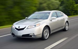 Превью обои acura, tl, 2008, серебряный металик, вид сбоку, стиль, авто, акура, скорость, деревья, трасса