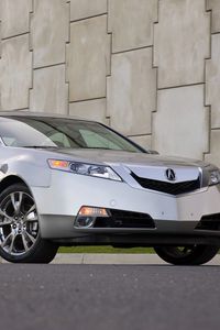 Превью обои acura, tl, 2008, серый металлик, вид спереди, стиль, авто, акура, трава, стена, асфальт