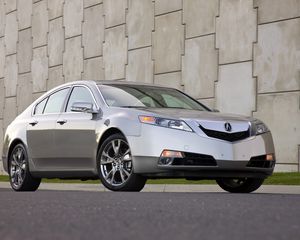 Превью обои acura, tl, 2008, серый металлик, вид спереди, стиль, авто, акура, трава, стена, асфальт