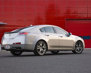 Превью обои acura, tl, 2008, серебряный металлик, вид сбоку, стиль, авто, акура, стена, асфальт