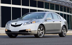 Превью обои acura, tl, 2008, серебряный металлик, вид спереди, стиль, авто, акура, здание, асфальт