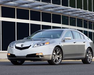 Превью обои acura, tl, 2008, серебряный металлик, вид спереди, стиль, авто, акура, здание, асфальт