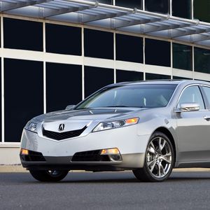 Превью обои acura, tl, 2008, серебряный металлик, вид спереди, стиль, авто, акура, здание, асфальт