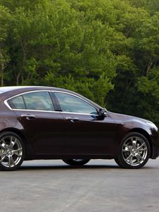 Превью обои acura, tl, 2008, бордовый, вид сбоку, стиль, акура, деревья, асфальт