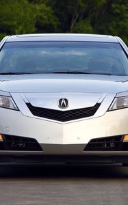 Превью обои acura, tl, 2008, серебряный металлик, вид спереди, стиль, авто, акура, деревья