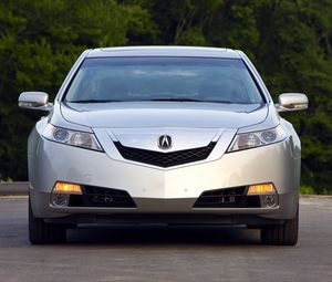 Превью обои acura, tl, 2008, серебряный металлик, вид спереди, стиль, авто, акура, деревья