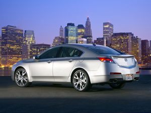 Превью обои acura, tl, 2008, серебряный металлик, вид сбоку, стиль, авто, акура, город, огни