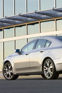 Превью обои acura, tl, 2008, серебряный металлик, вид сбоку, стиль, авто, акура, здание, асфальт