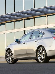 Превью обои acura, tl, 2008, серебряный металлик, вид сбоку, стиль, авто, акура, здание, асфальт