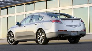 Превью обои acura, tl, 2008, серебряный металлик, вид сбоку, стиль, авто, акура, здание, асфальт