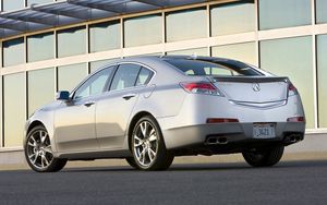 Превью обои acura, tl, 2008, серебряный металлик, вид сбоку, стиль, авто, акура, здание, асфальт