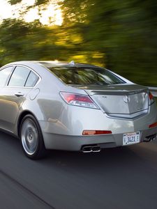 Превью обои acura, tl, 2008, серый металлик, вид сбоку, стиль, авто, акура, скорость, деревья, трасса