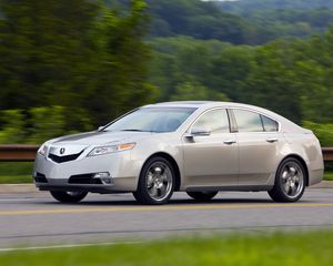 Превью обои acura, tl, 2008, белый металлик, вид сбоку, стиль, авто, акура, скорость, природа, деревья, трава, асфальт