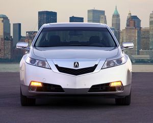 Превью обои acura, tl, 2008, серебряный металлик, вид спереди, стиль, авто, акура, город, асфальт