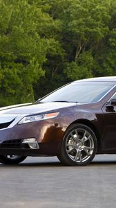 Превью обои acura, tl, 2008, бордовый, вид сбоку, стиль, акура, авто, деревья