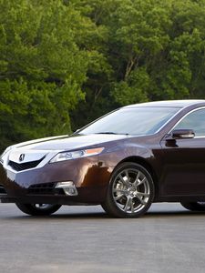 Превью обои acura, tl, 2008, бордовый, вид сбоку, стиль, акура, авто, деревья