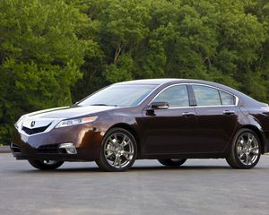 Превью обои acura, tl, 2008, бордовый, вид сбоку, стиль, акура, авто, деревья