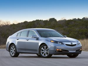 Превью обои acura, tl, 2011, голубой, вид сбоку, стиль, авто, акура, природа, деревья, небо, асфальт